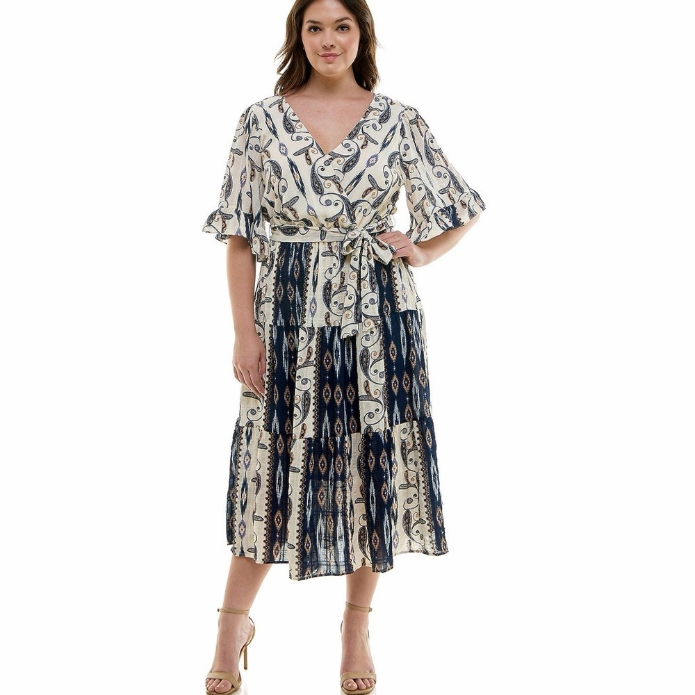 Figs & Flower Plus Size Printed V-Neck Tiered Maxi Dress Size 3X